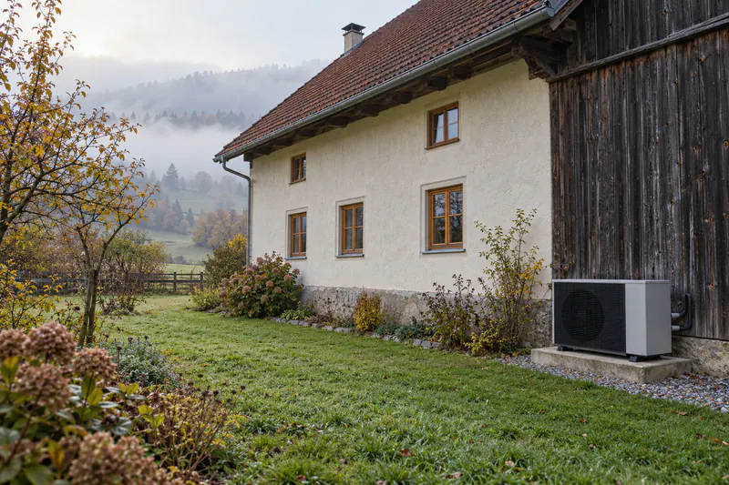 Luft-Wasser-Wärmepumpe an einem sanierten Altbau am Land