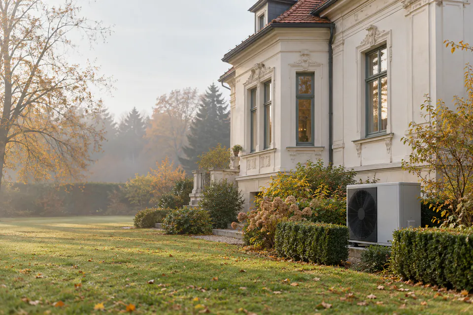 Wärmepumpe im Garten eines älteren Einfamilienhauses mit Satteldach