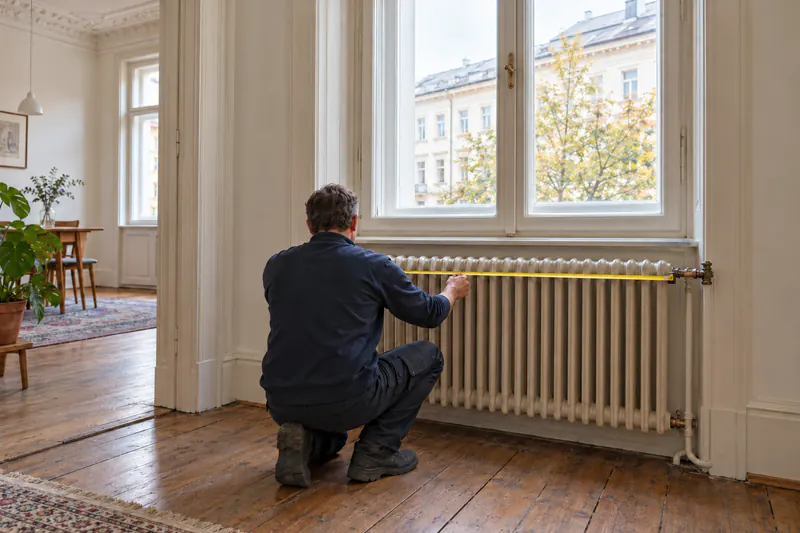 Fachbetrieb prüft einen Heizkörper im Altbau ohne Fußbodenheizung für die Wärmepumpe